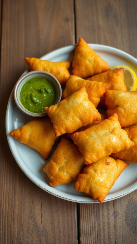 Crispy bread pakodas served with green chutney and lemon slices on a wooden table.
